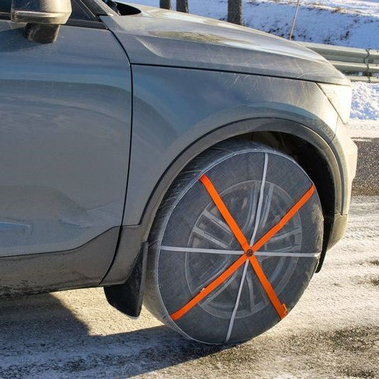 AutoSock winter traction device mounted on front wheels