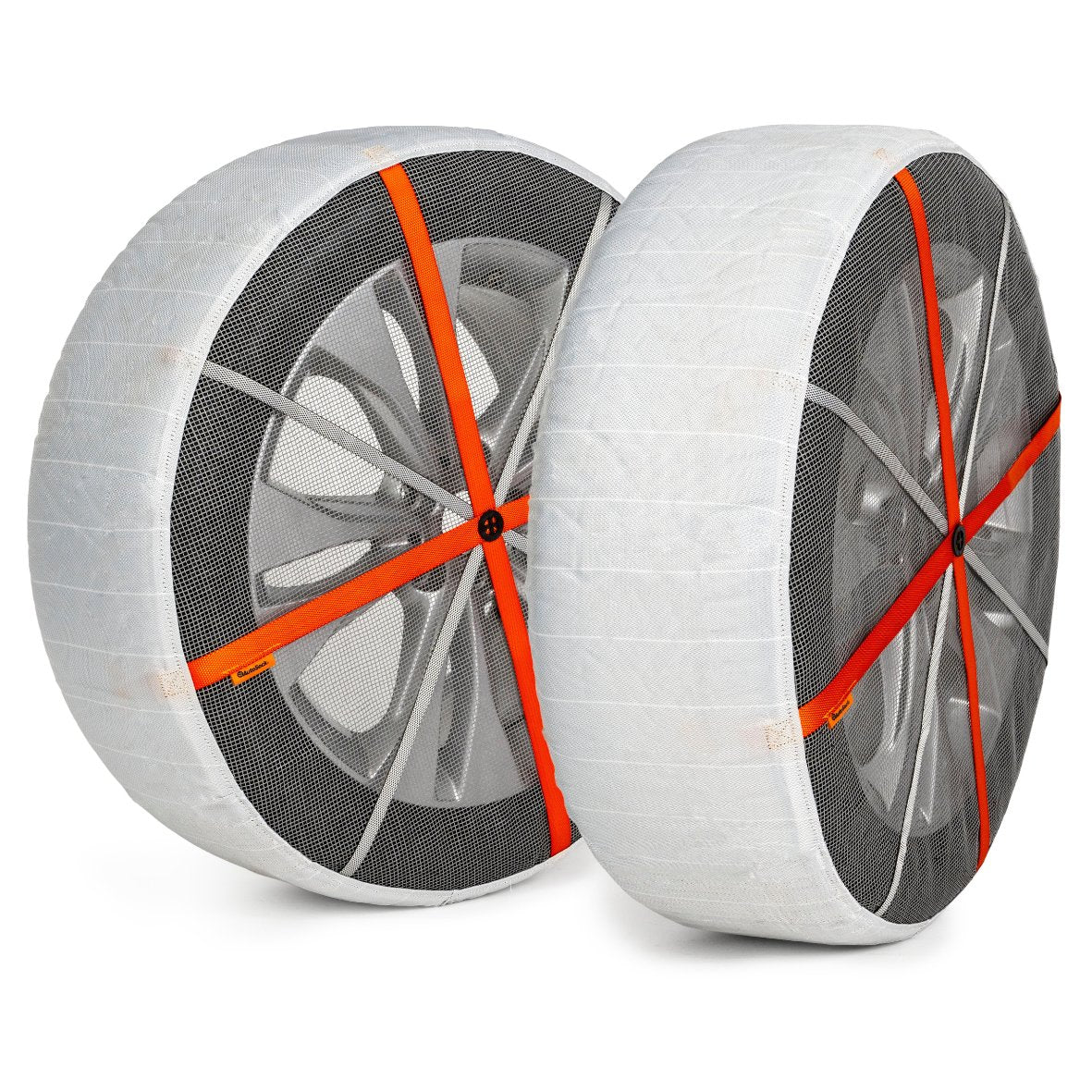 Pair of AutoSock textile snow chains installed on two wheels in front of white background showing product frontside AL 84 AL84