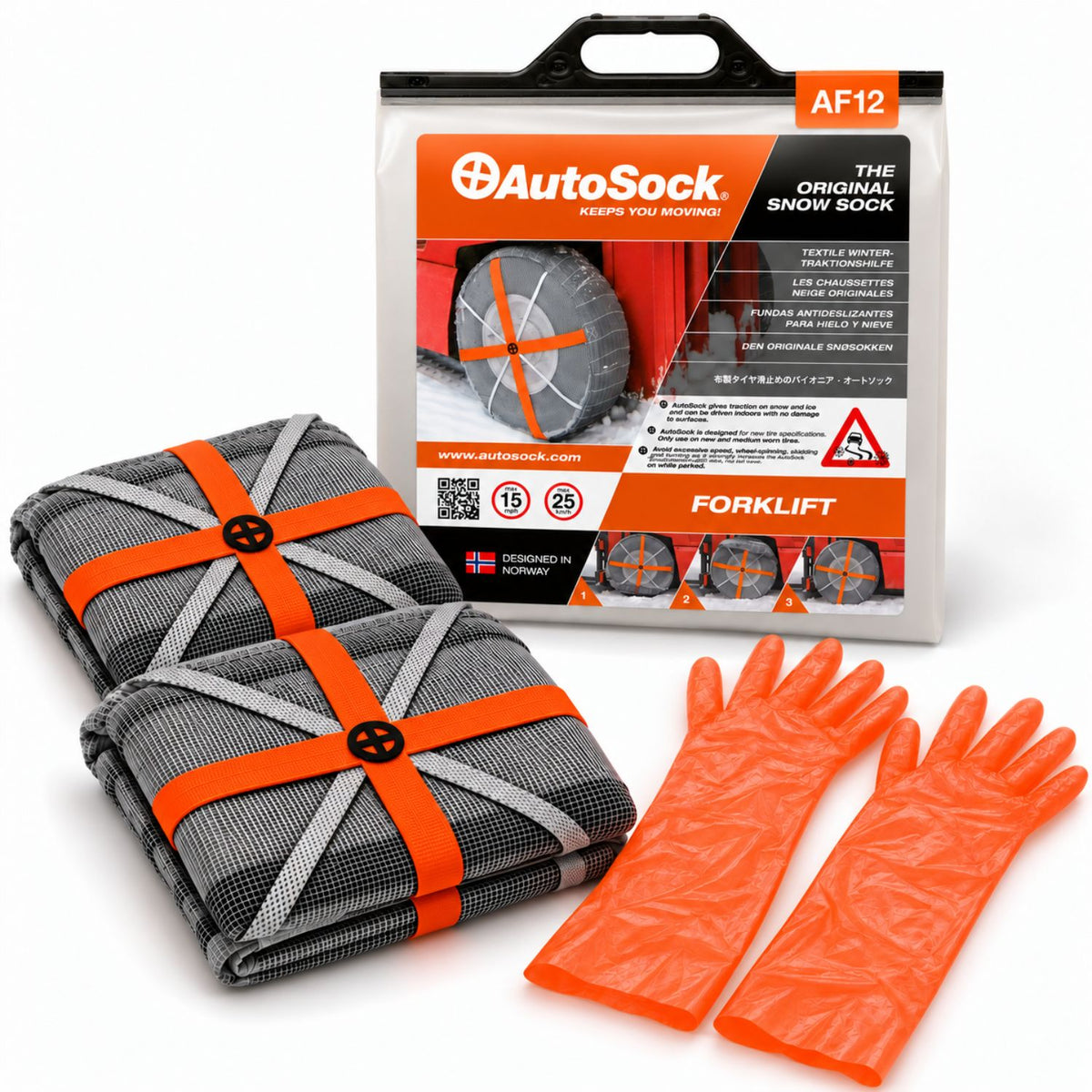 AutoSock modell AF12 for gaffeltrucker inneholder to snøsokker, ett par hansker og produktemballasjen.