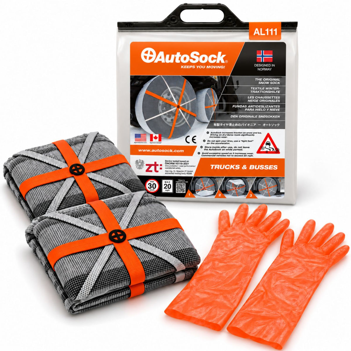 AutoSock modell AL111 for lastebiler og busser inneholder to snøsokker, ett par hansker og produktemballasjen.