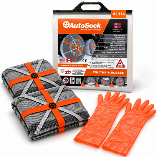 AutoSock modell AL114 for lastebiler og busser inneholder to snøsokker, ett par hansker og produktemballasjen.