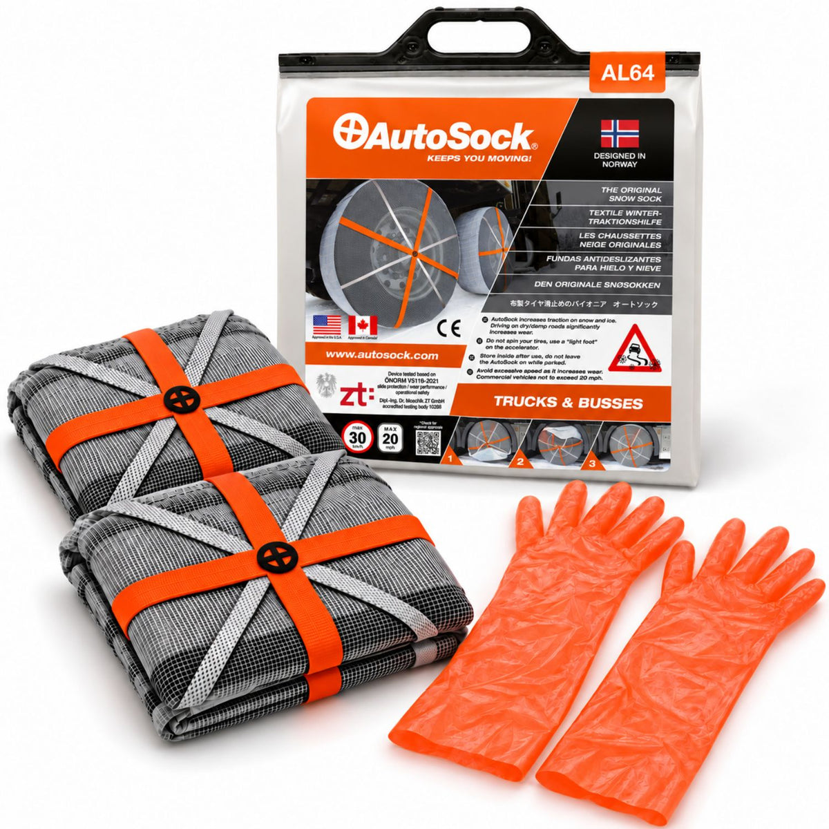AutoSock modell AL64 for lastebiler og busser inneholder to snøsokker, ett par hansker og produktemballasjen.