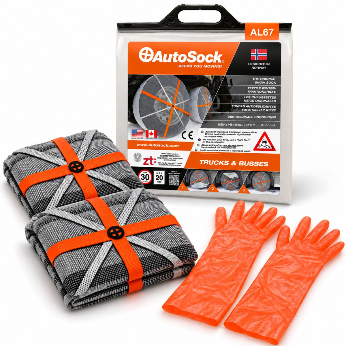AutoSock modell AL67 for lastebiler og busser inneholder to snøsokker, ett par hansker og produktemballasjen.