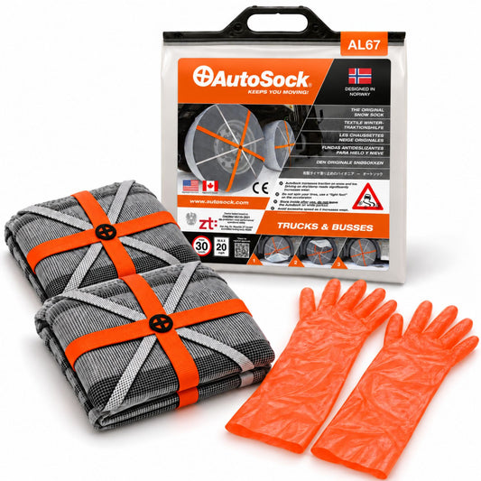 AutoSock modell AL67 for lastebiler og busser inneholder to snøsokker, ett par hansker og produktemballasjen.
