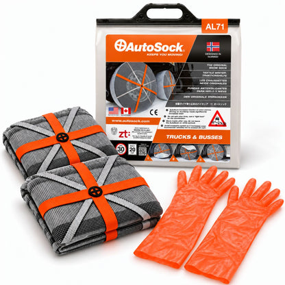 AutoSock modell AL71 for lastebiler og busser inneholder to snøsokker, ett par hansker og produktemballasjen.