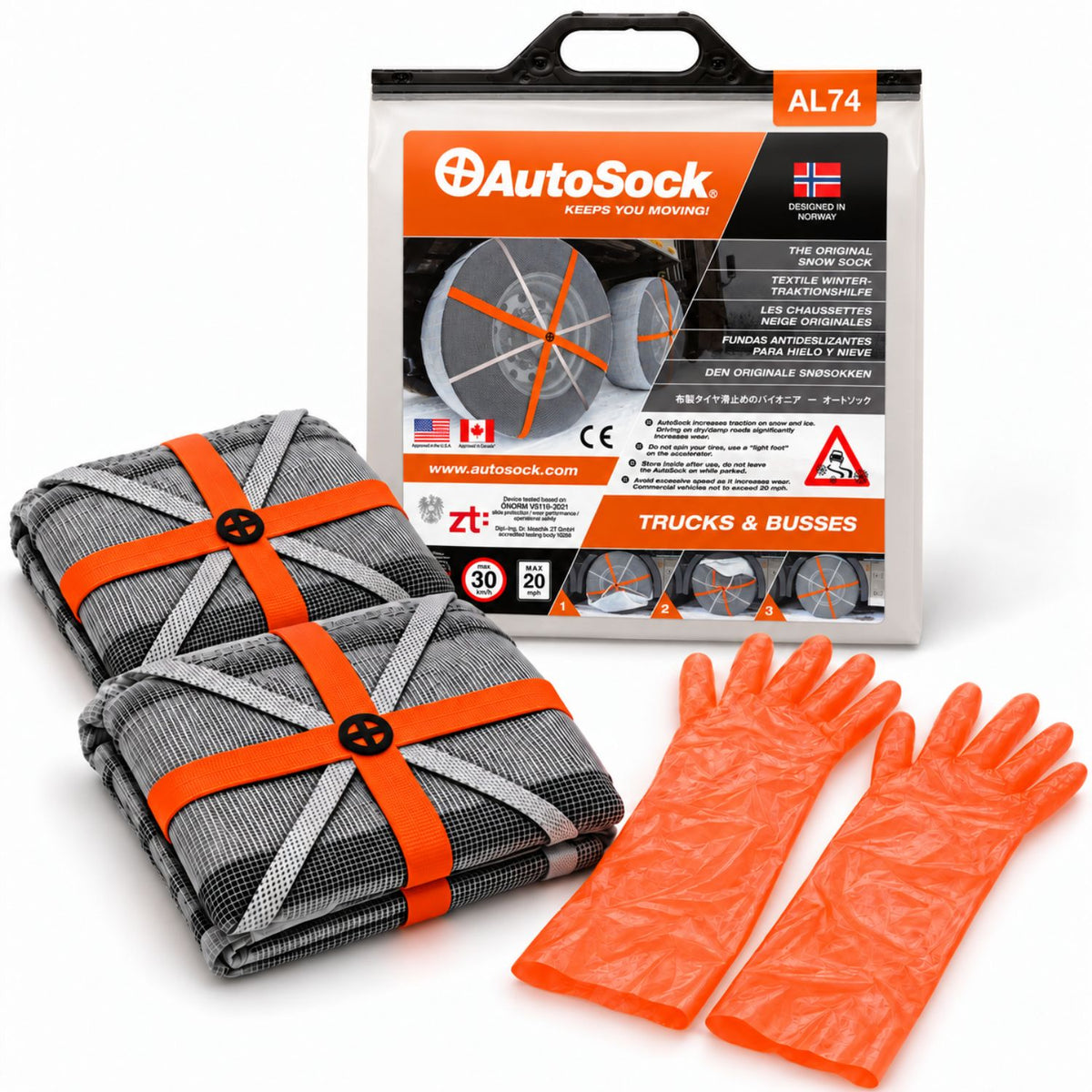 AutoSock modell AL74 for lastebiler og busser inneholder to snøsokker, ett par hansker og produktemballasjen.