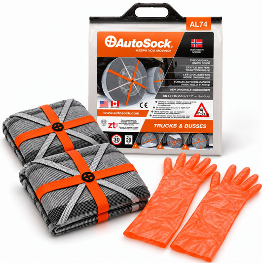 AutoSock modell AL74 for lastebiler og busser inneholder to snøsokker, ett par hansker og produktemballasjen.