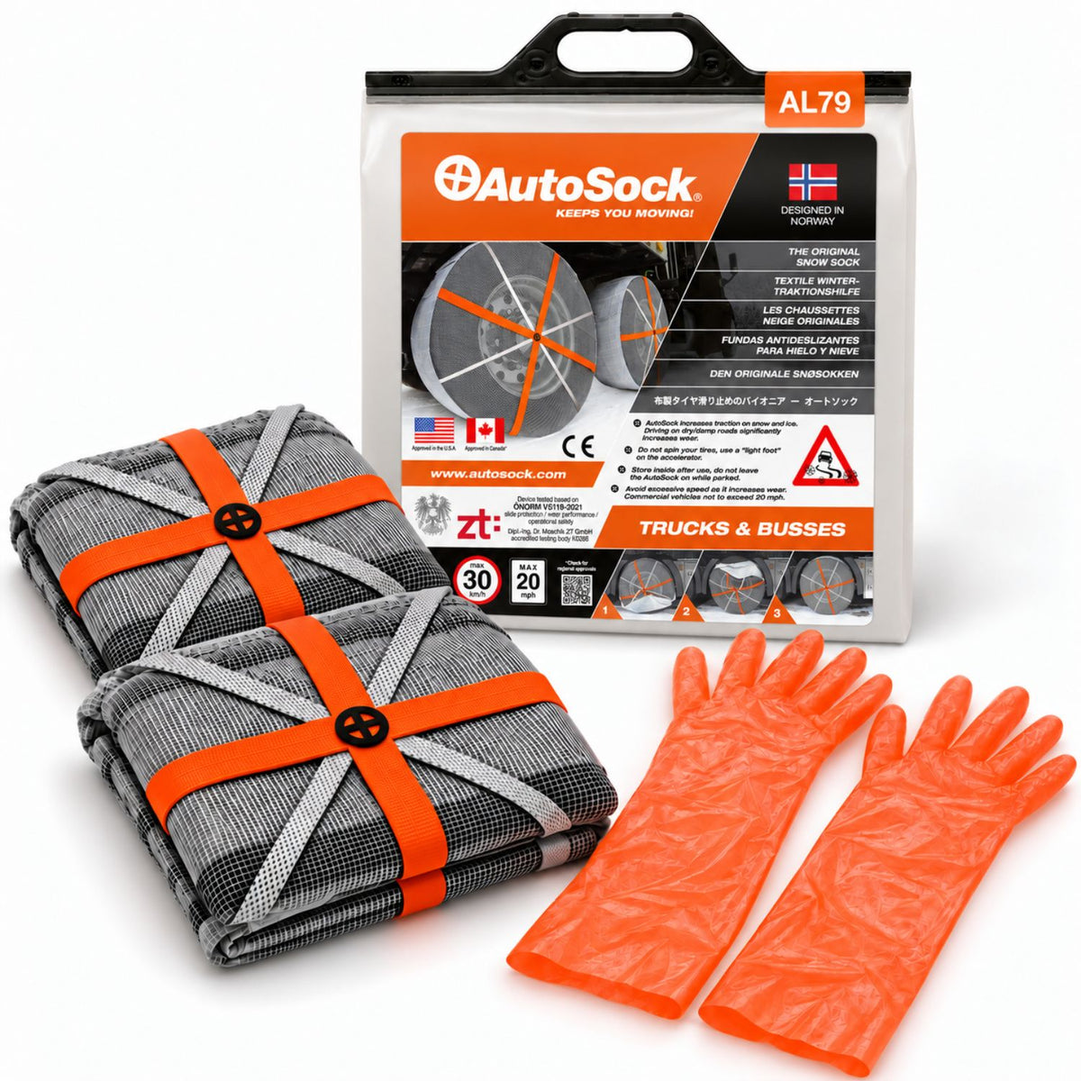AutoSock modell AL79 for lastebiler og busser inneholder to snøsokker, ett par hansker og produktemballasjen.