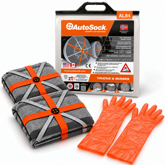 AutoSock modell AL84 for lastebiler og busser inneholder to snøsokker, ett par hansker og produktemballasjen.
