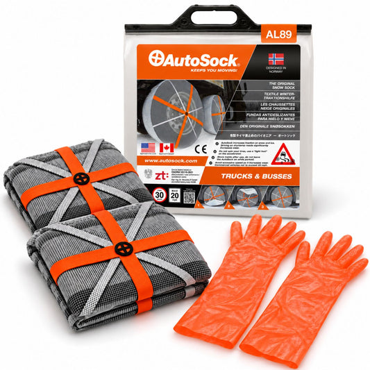 AutoSock modell AL89 for lastebiler og busser inneholder to snøsokker, ett par hansker og produktemballasjen.