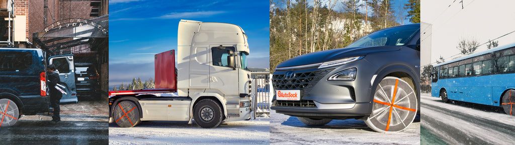 AutoSock mounted on passenger car, truck, car and bus (from left to right): The legal alternative to snow chains worldwide