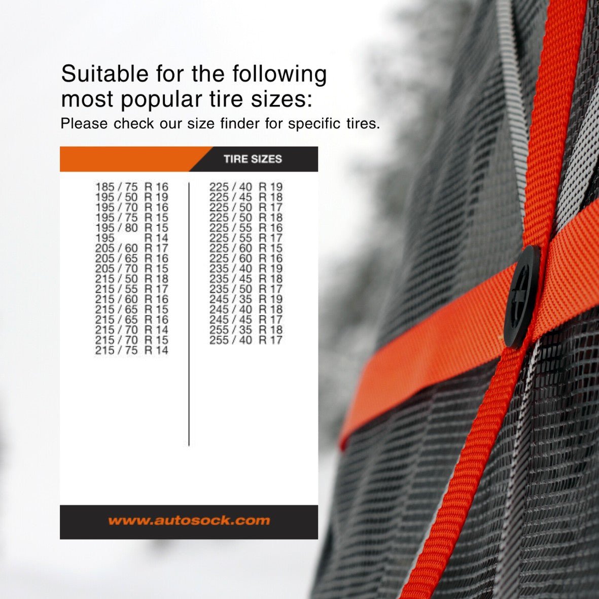 Simple size chart for AutoSock HP685 HP 685 showing suitable most popular tire sizes