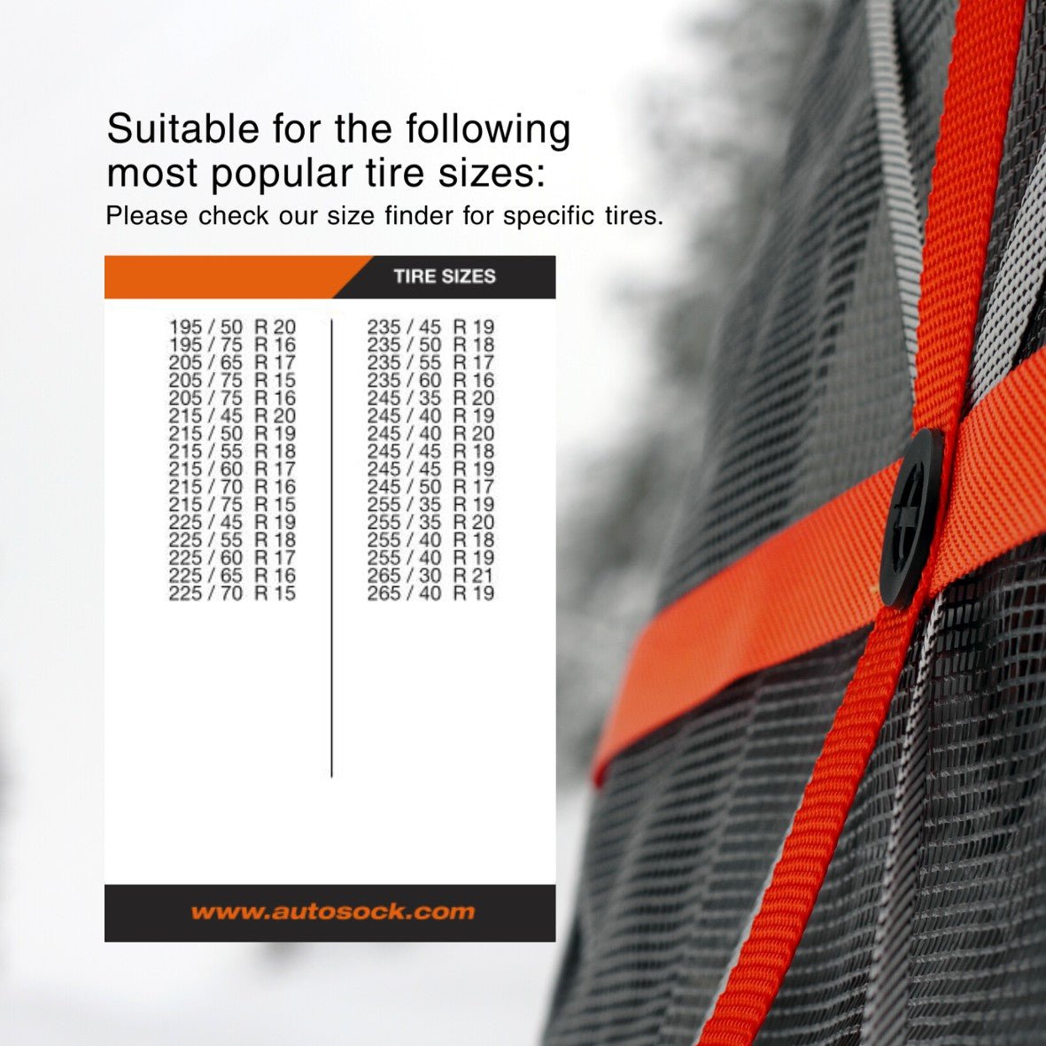 Simple size chart for AutoSock HP695 HP 695 showing suitable most popular tire sizes