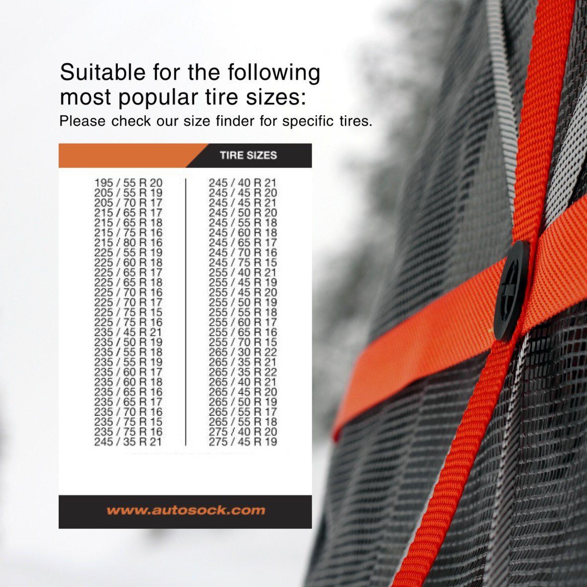 Simple size chart for AutoSock HP697 HP 697 showing suitable most popular tire sizes