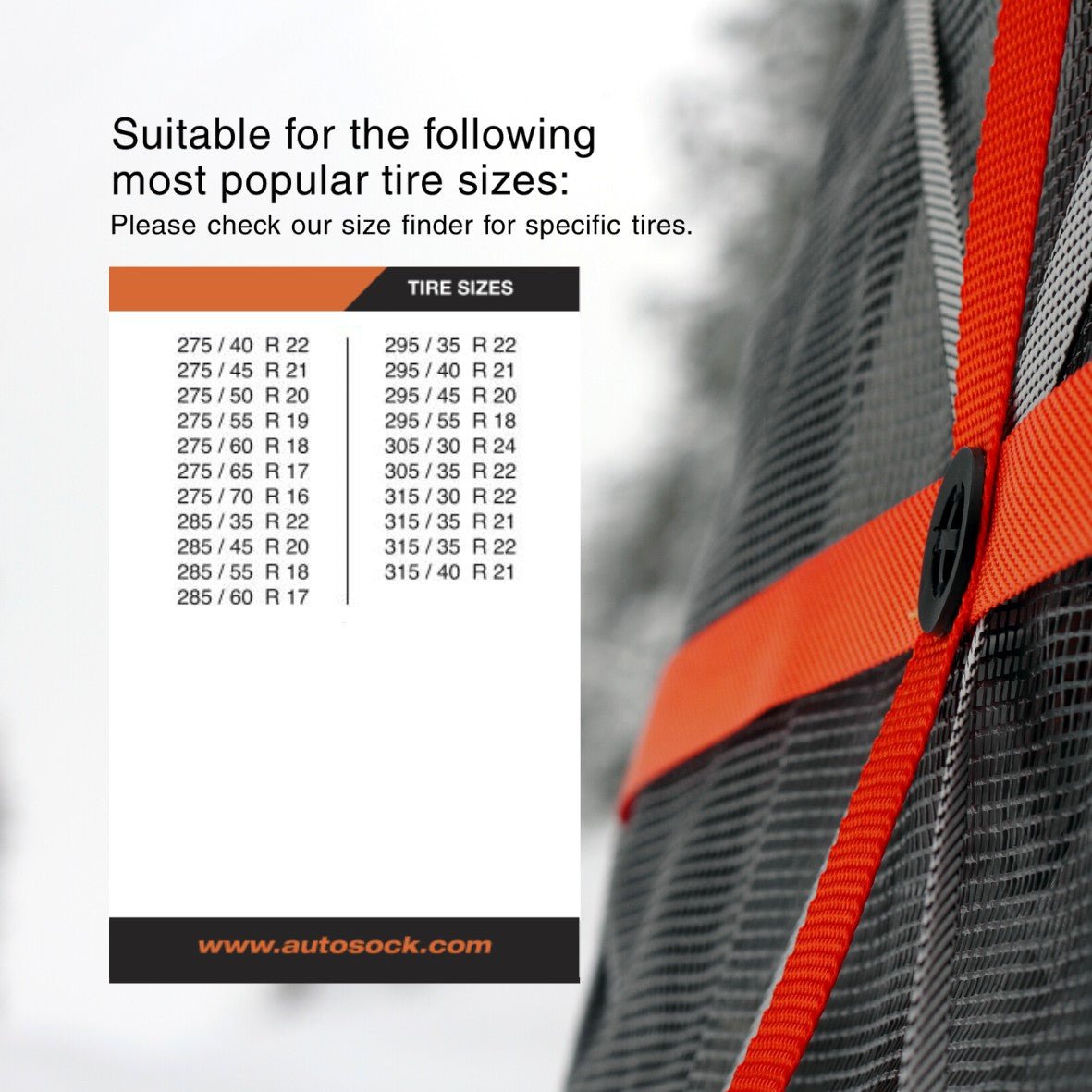 Simple size chart for AutoSock HP860 HP 860 showing suitable most popular tire sizes