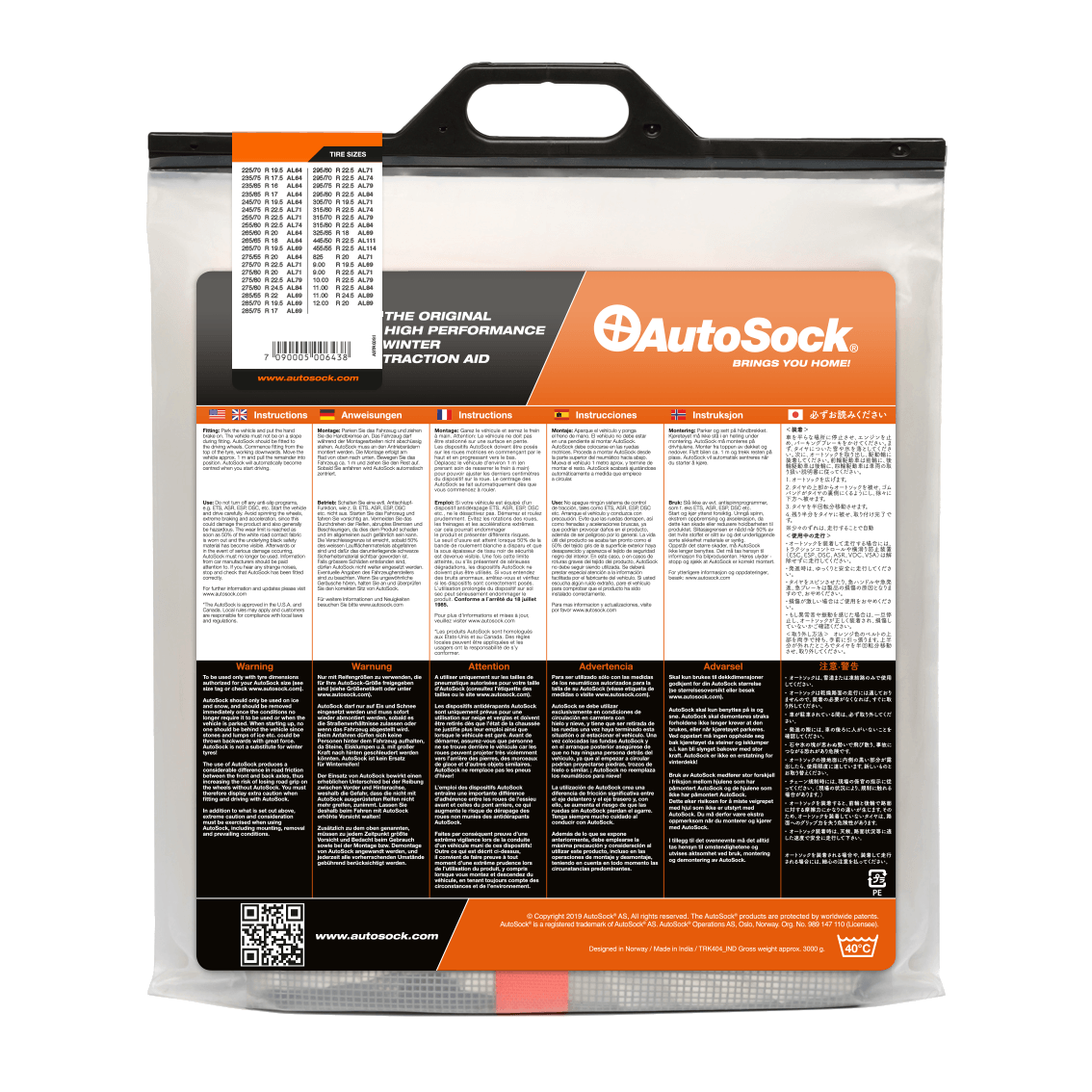 Back side of product packaging for AutoSock for trucks AL89 AL 89