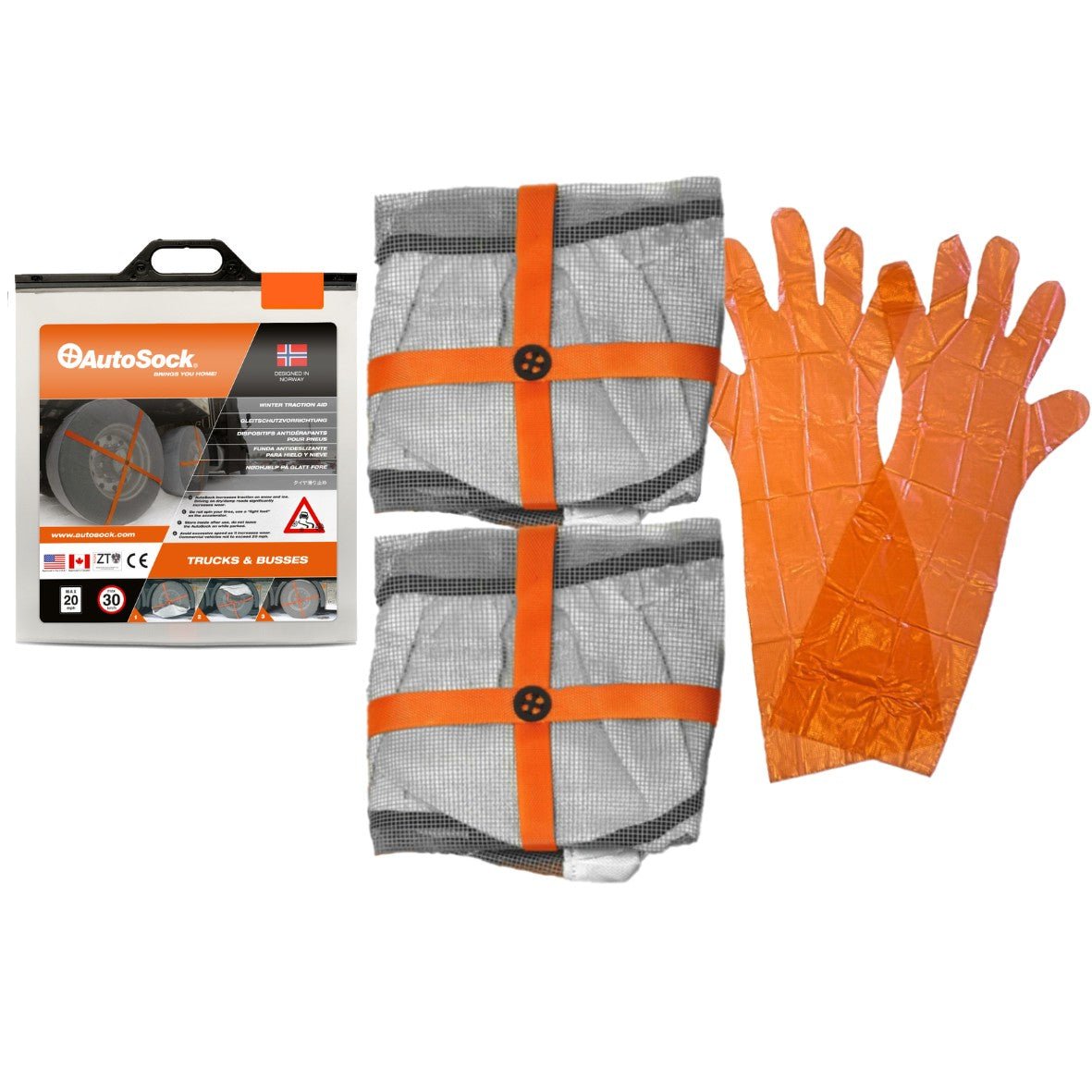 Product packaging content for AutoSock for truck products contains two AutoSock and a pair of gloves