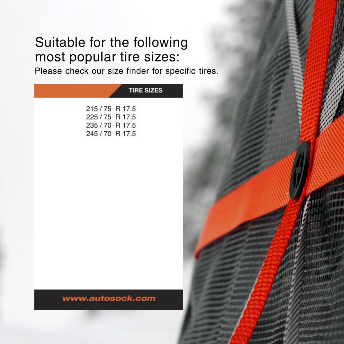 Simple size chart for AutoSock AL59 AL 59 showing suitable most popular tire sizes