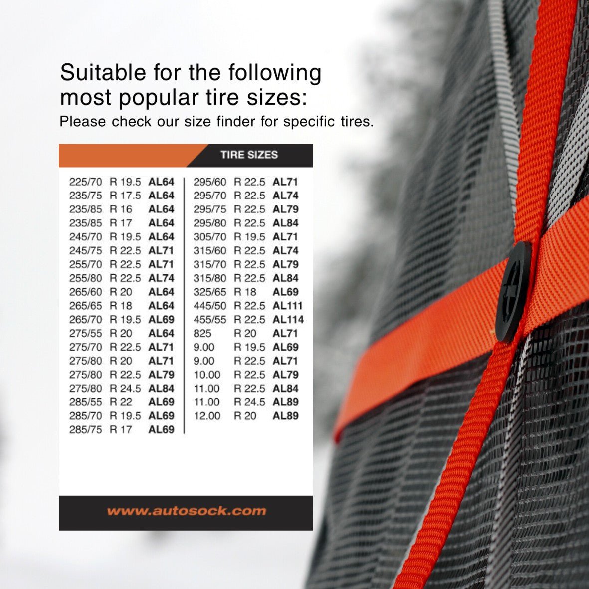 Simple size chart for AutoSock AL74 AL 74 showing suitable most popular tire sizes