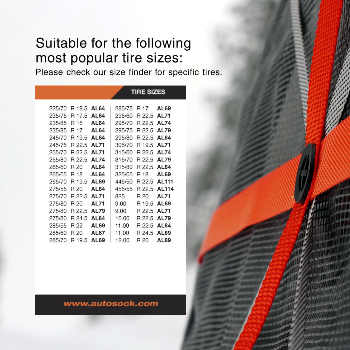 Simple size chart for AutoSock AL67 AL 67 showing suitable most popular tire sizes